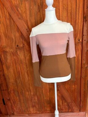 Colorblock Ribbed Long-Sleeve Top - Pink, Cream & Brown